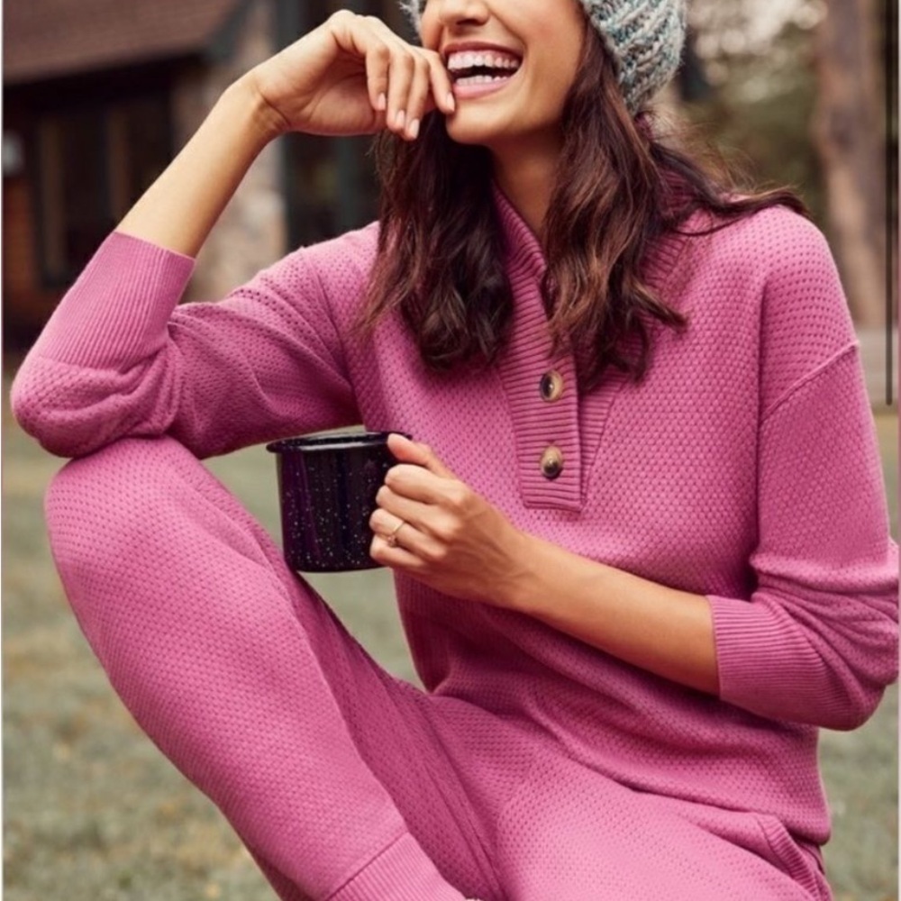 Tommy John Cozy Pink Knit Set Pants & Top with Button Detail